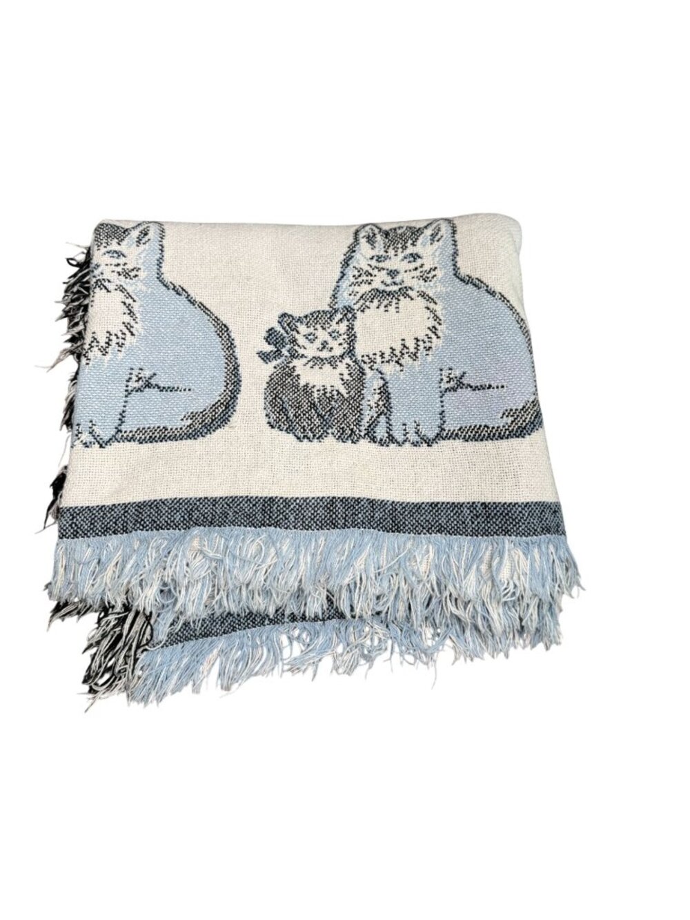 Vintage Cat Kitten Throw Blanket Blue White Cottage Grandmacore Nursery